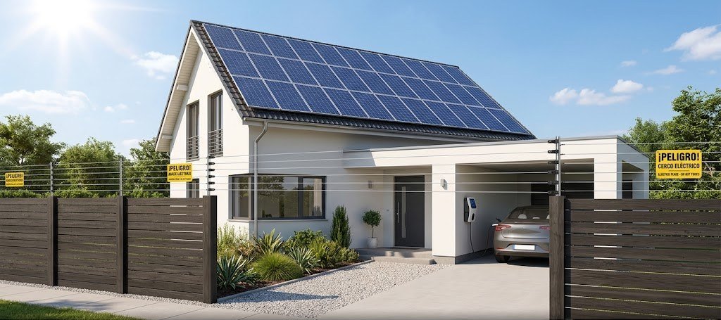 Casa con paneles solares y cerco eléctrico